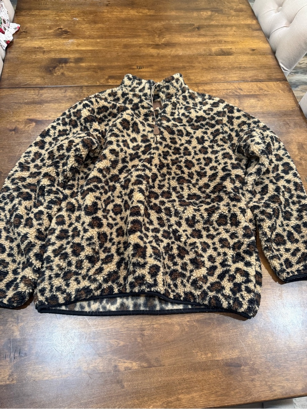Leopard Print Sherpa Pullover Hoodie - Tan/Black